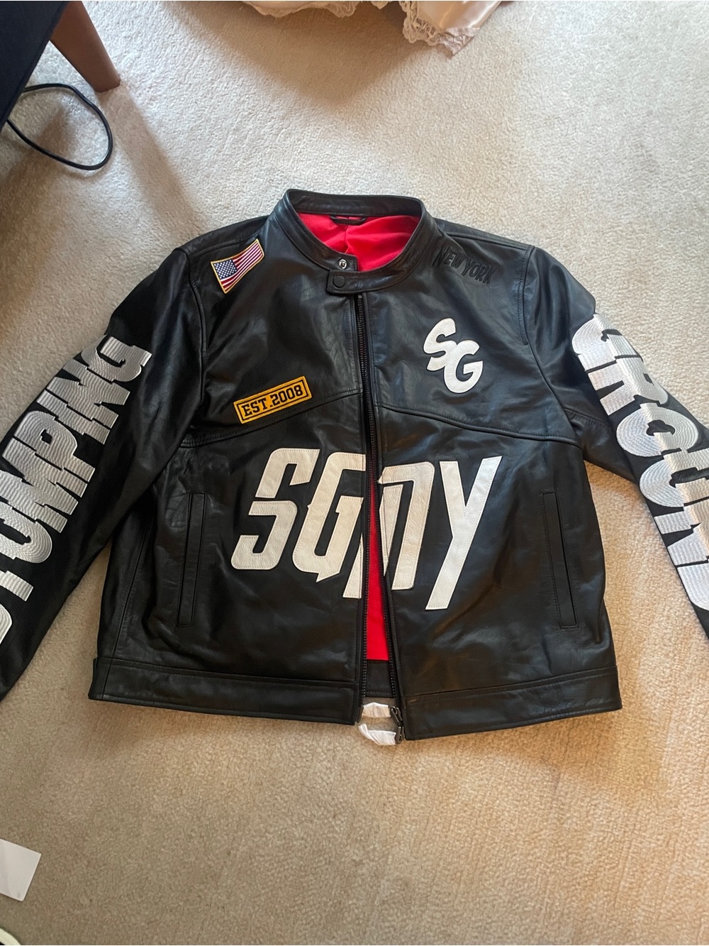Authentic SGNY Stomping Ground Customs New York Leather Jacket Black White